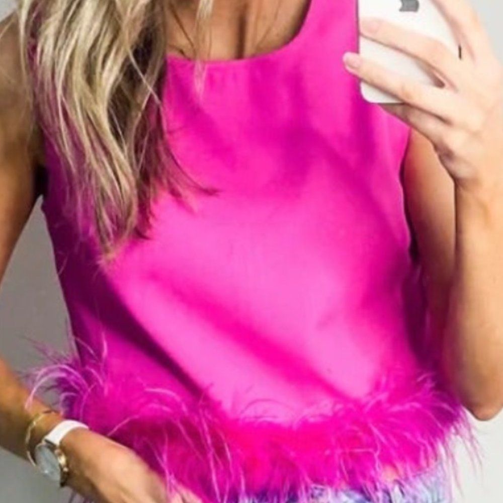 hot pink feathered tank crop top